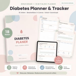 Diabetes Planer Druckbar | Blutzuckertagebuch, Insulin Tracker, Mahlzeitenplaner & Canva Vorlage Deutsch