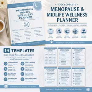 May include: A Menopause & Midlife Wellness Planner with 19 templates, featuring sections for symptom tracking, medical logs, sleep, mood, and goals. The blue and white digital planner includes icons for tracking, medication management, and self-care.