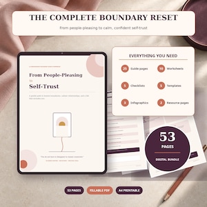 Puede incluir: Un paquete digital titulado The Complete Boundary Reset, que incluye una guía y un libro de trabajo de 53 páginas. El contenido incluye 25 páginas de guía, 10 hojas de trabajo, 5 listas de verificación, 5 plantillas, 3 infografías y 2 páginas de recursos en PDF A4.