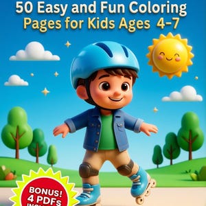 May include: A coloring book titled Little Inline Skating Adventures 50 Easy and Fun Coloring Pages for Kids Ages 4-7. The cover features a cartoon character wearing a blue helmet, denim jacket, and inline skates, with a bonus 4 PDFs included.