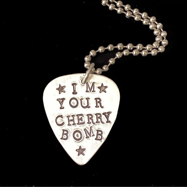 Hand Stamped The RUNAWAYS Song Lyrics Aluminum Guitar PicK necklace ... "I'm your Cherry Bomb".. UniSeX