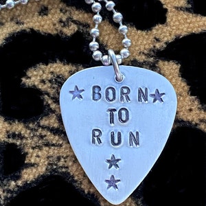 Hand Stamped Aluminum Guitar PicK Song Lyrics necklace .... Born to Run, UniSeX