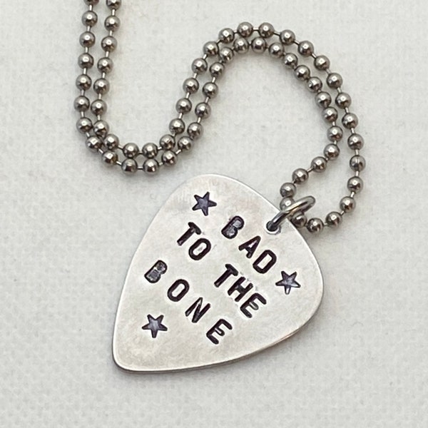 Hand Stamped Aluminum Guitar PicK Song Lyrics necklace .... Bad to the Bone, George Thorogood. UniSeX