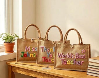 Personalized Teacher Tote Bag, Custom Name Crochet Lettering Burlap Tote, Teacher Appreciation Gift, End of Year Thank You Gift