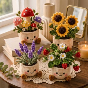 May include: Four crocheted potted plants with smiling faces on the pots. One pot holds red, pink, yellow, and purple mushrooms. Another holds yellow sunflowers. A third holds purple lavender sprigs. The fourth holds green leaves, white flowers, and red strawberries.
