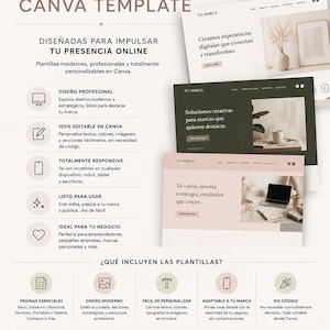 Puede incluir: Un folleto de marketing digital para plantillas de sitio web editables en Canva. El diseño presenta texto en español, tres maquetas de sitios web en temas claro, oscuro y rosa, e iconos que representan diseño profesional y adaptabilidad.