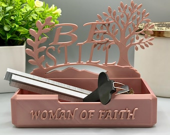 Woman of Faith Be Still Tree Organizer | Rose Gold Desk Holder