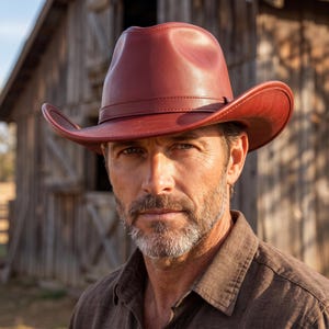 Pode incluir: Um chapéu de cowboy em tom bordô profundo com acabamento liso e fosco e uma copa estruturada. O chapéu apresenta uma aba larga e curva e uma faixa fina correspondente que circunda a base da copa, proporcionando uma aparência uniforme.