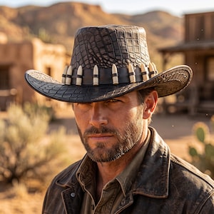 May include: A black hat with a textured crocodile skin pattern and a wide brim. The hat features a black leather band adorned with a series of small, light-coloured, bullet-shaped decorative elements arranged evenly around the crown.