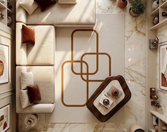 Minimalist Japandi Area Rug, Abstract Interlocking Geometric Carpet, Beige & Terracotta Continuous Line Art Tufted Wool Rug for Living Room