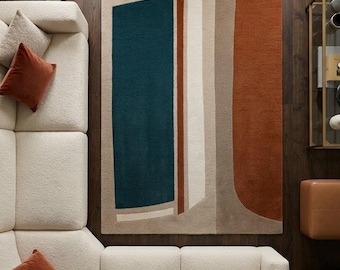 Mid Century Modern Geometric Rug, Abstract Hand Tufted Wool Rug in Terracotta & Navy Blue, Bauhaus Color Block Carpet for Living Room