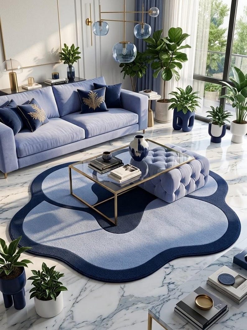 May include: A large, organic-shaped area rug featuring a layered design in shades of navy and light blue. The rug has a smooth, solid-colored border and a soft, textured center, creating a distinct contrast against the white marble floor.