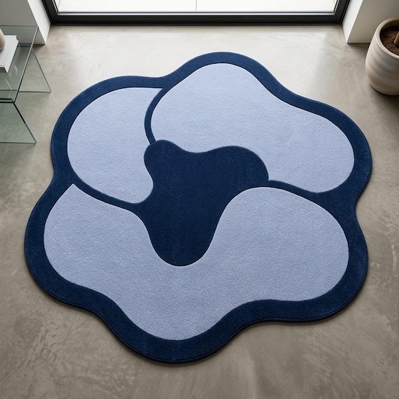 Blue Flower Shaped Rug, Hand Tufted Wool Rug, Navy Blue Floral Area Rug, Modern Home Decor