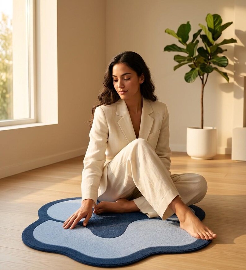 May include: A cream-colored blazer and matching trousers paired with a flower-shaped rug. The rug features a dark blue outer border, a light blue middle section, and a dark blue center, creating a layered, petal-like design on the floor.