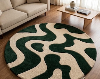 Hand Tufted Wool Rug, Deep Forest Green Cream Abstract, Modern Luxury Carpet