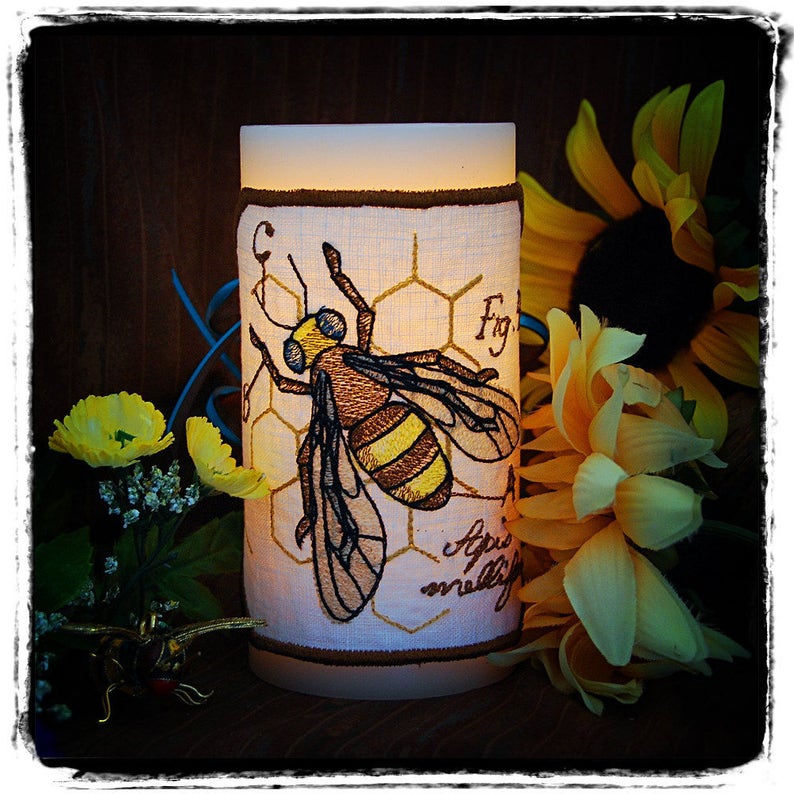 Stitched on Linen. Honey Bee Diagram Embroidered Candle Wrap for LED Flameless Candles