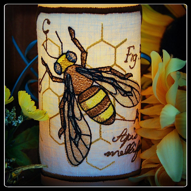 Stitched on Linen. Honey Bee Diagram Embroidered Candle Wrap for LED Flameless Candles