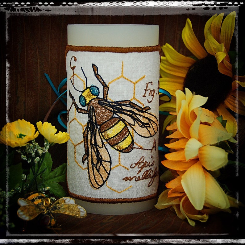 Stitched on Linen. Honey Bee Diagram Embroidered Candle Wrap for LED Flameless Candles