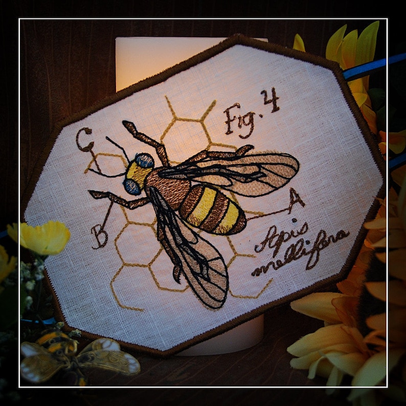 Stitched on Linen. Honey Bee Diagram Embroidered Candle Wrap for LED Flameless Candles