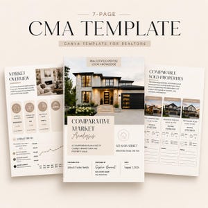 May include: A 7-page CMA template for realtors featuring a market overview, a comparative market analysis cover page with a house photo, and a comparable sold properties page. The document includes charts, text fields, and property data layouts.