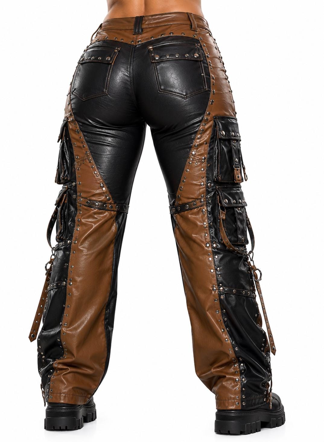 Two Tone Leather Cargo Pants Women Brown Black Utility Leather Trousers Gothic Punk Streetwear Custom Made
