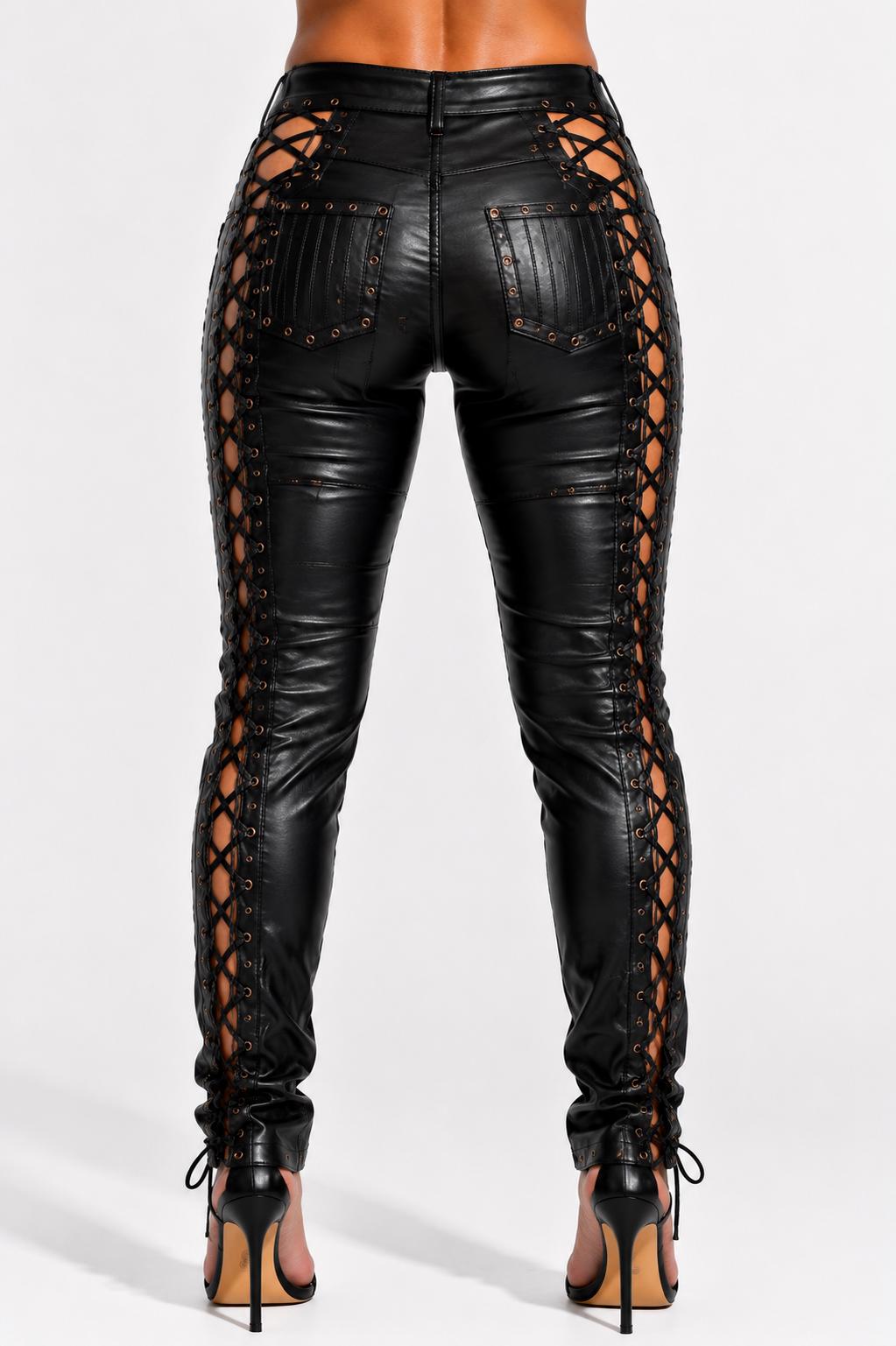 Black Leather Lace Up Pants, Gothic Punk Leather Trousers, Handmade Custom Fit