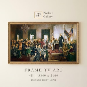 Op de afbeelding: Een digitale print van het historische schilderij dat de ondertekening van de Onafhankelijkheidsverklaring weergeeft, ingelijst in een gouden, versierde rand. De tekst Nobel Gallery, FRAME TV ART, 4K, 3840 x 2160 en INSTANT DOWNLOAD is zichtbaar.