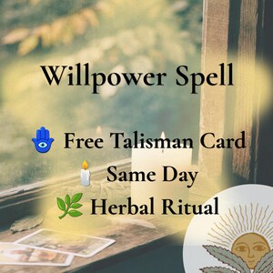May include: A digital graphic featuring the text Willpower Spell, Free Talisman Card, Same Day, and Herbal Ritual. The image includes a blue hamsa hand icon, a candle icon, and a green leaf icon, with a sun face graphic in the bottom corner.