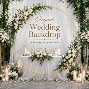 May include: A large circular gold metal frame decorated with white and pink roses and green foliage. The text Elegant Wedding Backdrop For Weddings, Receptions & More is centred. A white draped table with floral arrangements and candles sits below.