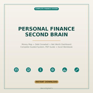 May include: A digital finance system titled Personal Finance Second Brain, featuring a Money Map, Debt Snowball, and Net Worth Dashboard. Includes a PDF guide and Excel workbook with six teal icons, a Complete Finance System label, and Instant Download button.