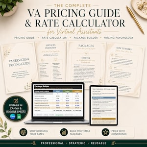Sjabloon voor services en prijzen voor virtuele assistenten | Canva-prijsgids + tariefcalculator Google Spreadsheets | Sjabloon VA-pakketten