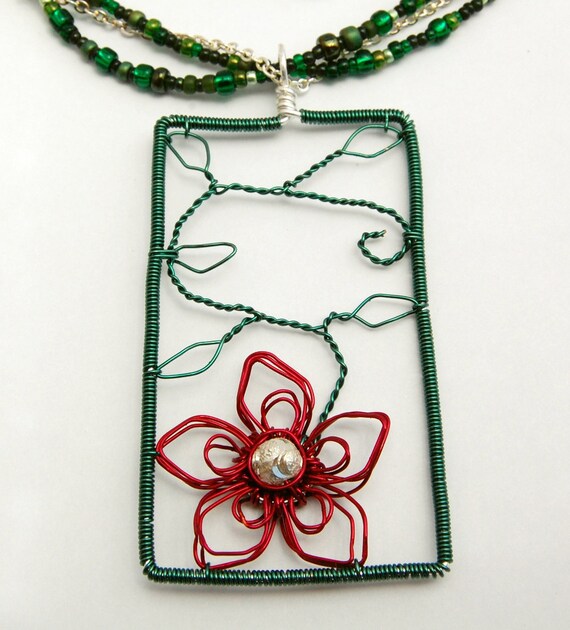 Items similar to Wire Wrapped Pendant Red Flower Vine and Green