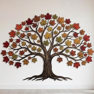 Peut inclure: Une grande sculpture murale en forme d'arbre avec un tronc brun foncé et des branches étendues ornées de nombreuses feuilles d'érable dans des tons de rouge, orange, jaune et vert, créant un affichage vibrant de feuillage d'automne.