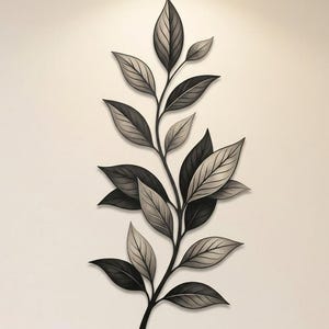 May include: A vertical wall art piece featuring a stylized botanical branch with numerous leaves. The design uses a monochromatic color palette of black, gray, and white, with detailed veining visible on each leaf, creating a high-contrast visual.