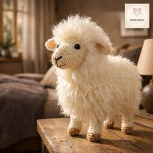 May include: A cream-colored crocheted sheep stuffed animal with a fluffy, textured wool-like body, a smooth crocheted face, dark eyes, and brown-tipped hooves. The sheep stands on four legs and features a small, stitched mouth and nose.