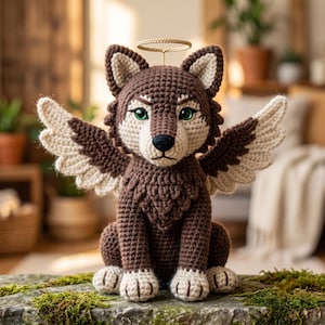 May include: A brown and cream-colored crocheted wolf plush toy featuring large feathered wings, a black nose, green eyes, and a gold-colored halo positioned above its head. The wolf is sitting in an upright position with detailed yarn texture.