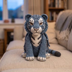 Virkmönster för tigerunge i PDF-format, amigurumi-tigermönster, skifferblå stor kattleksak, virkhandledning för mellannivå, dekoration för barnrum
