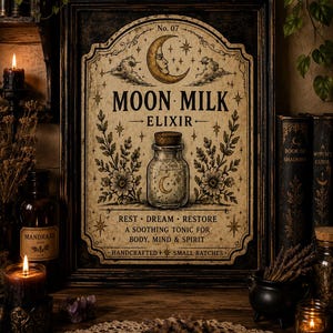Moon Milk Elixir Printable Wall Art | Vintage Apothecary Label (Digital Download)