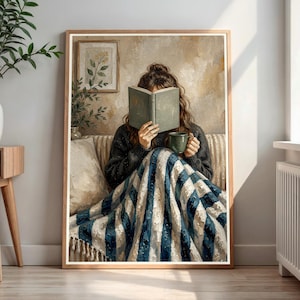 Gemütliches Lesemotiv, impressionistisches Wandbild für Bücherliebhaber, Kunstdruck mit lässigem Dutt für Leseratten
