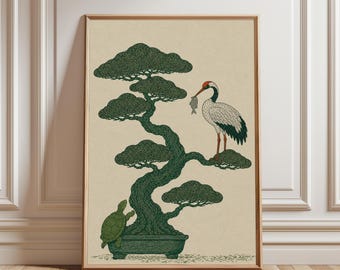 Crane and Turtle Wall Art Print, Japanese Symbolism Poster, Japanese Bonsai Tree Decor