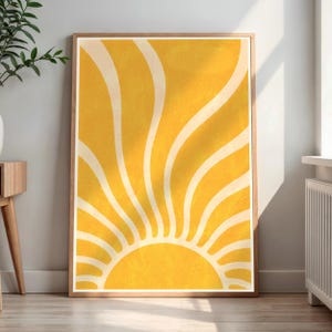 Boho Sun Print, Minimalist Rising Sun Wall Art, Abstract Wavy Rays Decor, Yellow Off-White