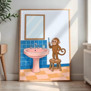 Monkey Bathroom Print, Kids Brush Your Teeth Wall Art, Toddler Washroom Decor, Cartoon Animal Poster