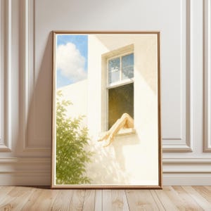 Minimalist Window View Print, Legs Dangling Wall Art, Sunlit Foliage Decor, Green Poster