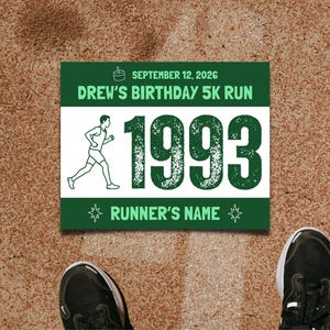 May include: A rectangular race bib with a dark green border and white centre. It features a line drawing of a runner, the large distressed number 1993, and text reading SEPTEMBER 12, 2026, DREW'S BIRTHDAY 5K RUN, and RUNNER'S NAME with star icons.
