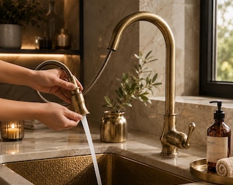 Antique Brass Kitchen Faucet, Pull Down Kitchen Tap, Brass Sink Mixer, Farmhouse Kitchen Faucet, Retractable Sprayer