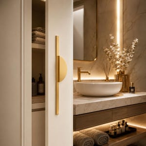 Peut inclure: Une longue poignée de placard verticale en or brossé avec une pièce d'accent semi-circulaire fixée au centre. La poignée est montée sur une porte de placard blanche, positionnée à côté d'un meuble-lavabo avec un évier blanc et un robinet doré.
