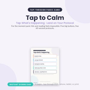Puede incluir: Una tarjeta de pánico digital titulada Tap to Calm con el subtítulo Tap What's Happening · Land on Your Protocol. La tarjeta presenta cinco botones interactivos etiquetados con síntomas como My heart is racing y I can't get a full breath.
