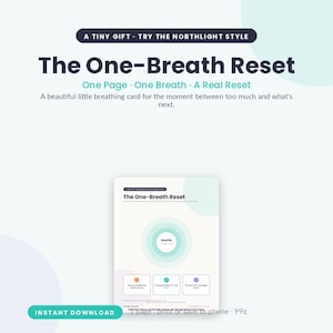 Könnte beinhalten: Eine rechteckige digitale Karte mit dem Titel The One-Breath Reset und einer zentralen kreisförmigen Grafik, die das Wort breathe enthält. Sie umfasst drei farbige Kästchen mit Anleitungen für eine Atemübung auf hellem Hintergrund.