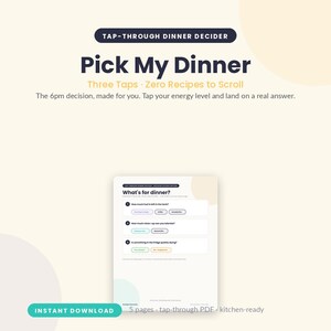 May include: A digital dinner decision tool titled Pick My Dinner, featuring a tap-through PDF interface. The document includes three interactive questions regarding energy levels, cleanup tolerance, and fridge contents to help select a meal.