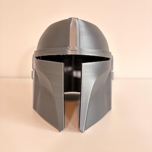 May include: A metallic silver-colored helmet featuring a smooth, rounded dome, a central vertical ridge, and a wide, horizontal T-shaped visor opening. The surface displays subtle horizontal lines consistent with a 3D-printed construction.